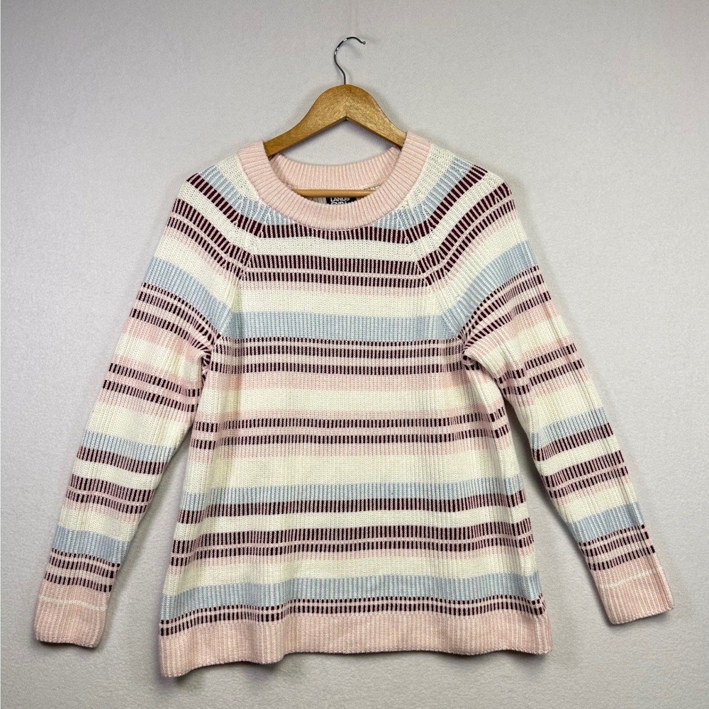 Lands End Striped Knit Sweater Pink Blue Women's M Cotton Drifter Crew Neck